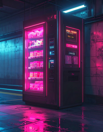 In the quiet hours of a futuristic city, a lone vending machine casts a vibrant pink neon glow across the wet pavement.の素材