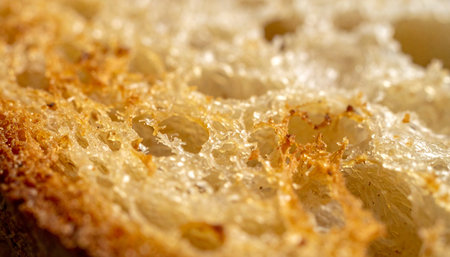 A detailed macro photograph capturing the warm, golden-brown surface of a perfectly toasted slice of bread.の素材