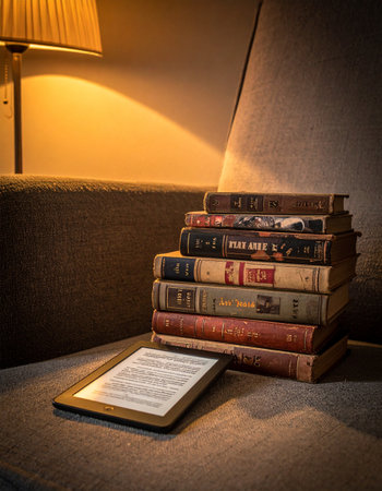 In a quiet corner illuminated by the warm glow of a lamp, a stack of classic, well-loved books stands beside a modern e-reader.の素材