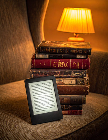 In a quiet, warmly lit corner, a modern e-reader rests against a stack of classic, well-loved books.の素材