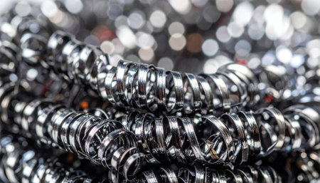 A macro view captures the intricate, gleaming spirals of metal swarf, the byproduct of precision engineering.の素材