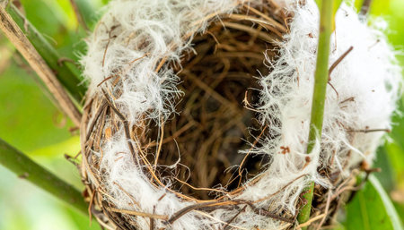 A marvel of natural engineering, a tiny hummingbird's nest sits empty among vibrant green leaves, its delicate structure of silk and plant down a cozy promise of new life to come.の素材