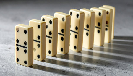 A line of dominoes stands in perfect formation, casting long, dramatic shadows on a textured surface.の素材