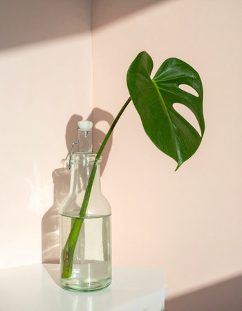 A single, vibrant Monstera leaf cutting finds new life in a clear glass bottle, basking in the warm morning sun.の素材