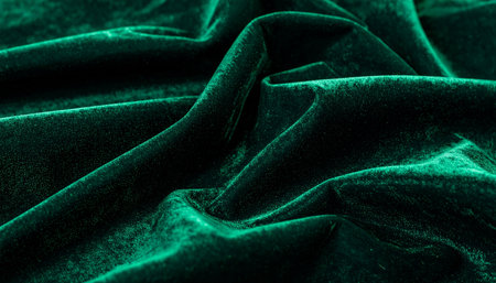 Soft folds of luminous emerald green velvet catch the light, revealing a deep, luxurious texture.の素材