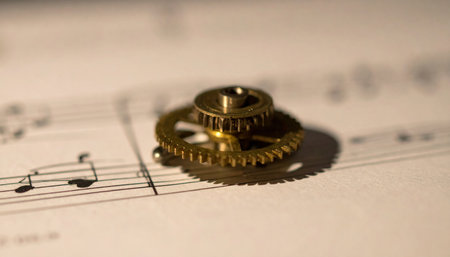 A single brass gear from a clockwork mechanism rests upon a musical score, creating a powerful metaphor for the intricate relationship between time, rhythm, and harmony.の素材