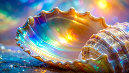 An enchanted seashell rests on a mystical shore, its inner surface glowing with a vibrant, iridescent rainbow of light.の素材