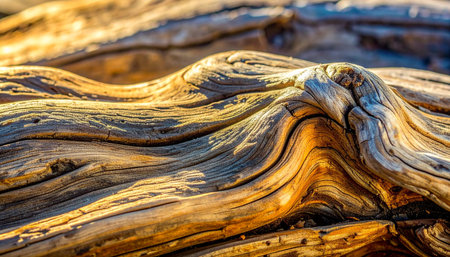 Bathed in the warm glow of a setting sun, the intricate grain and smooth, flowing curves of this ancient driftwood tell a story of time and tide.の素材