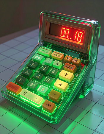 A vintage calculator with a transparent green case glows from within, its red LED display a beacon from a bygone era of technology.の素材