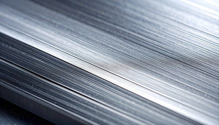 A macro perspective reveals the intricate, parallel grooves of a brushed steel surface.の素材