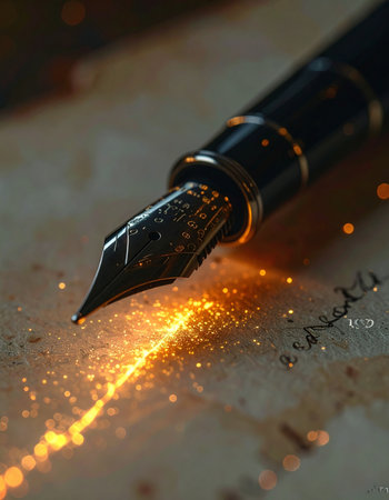 A vintage fountain pen touches aged parchment, but instead of ink, a trail of golden sparks bursts forth.の素材