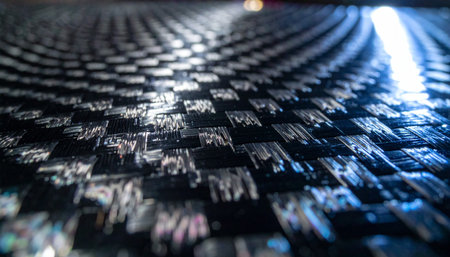 A macro view reveals the intricate and strong weave of a modern carbon fiber composite.の素材