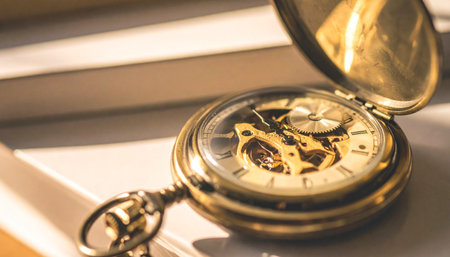 A beautiful antique pocket watch rests in the warm morning sun, its intricate gears and delicate mechanics exposed.の素材