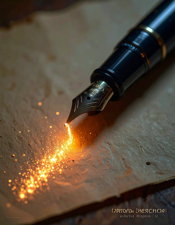 A vintage fountain pen touches aged parchment, but instead of ink, a trail of fiery sparks flows from its nib.の素材