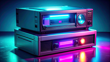 A stack of vintage electronic hardware hums with power, its components illuminated by a vibrant neon glow.の素材
