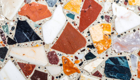 A detailed close-up of a colorful terrazzo surface, showcasing a vibrant mosaic of irregularly shaped stone and glass fragments in red, orange, black, and white, embedded in a polished binder.の素材