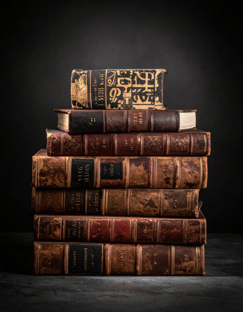 A stack of ancient, leather-bound tomes rests in the dim light of a study.の素材