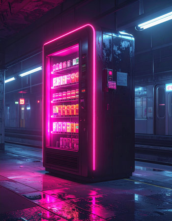 In the quiet hours of a futuristic city, a lone vending machine casts a vibrant pink glow across the wet platform of a deserted subway station.の素材