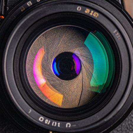 A detailed macro perspective reveals the inner world of a camera lens.の素材
