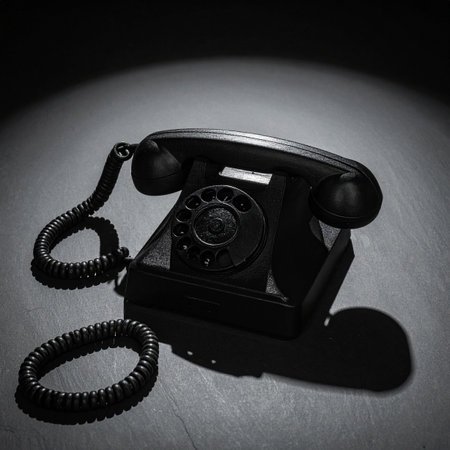In a dark, silent room, a single spotlight illuminates a classic black rotary phone. The coiled cord lies still, creating a sense of suspense and anticipation.の素材