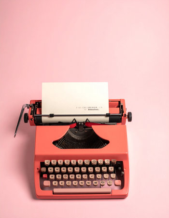 A classic coral typewriter sits ready against a soft pink background, a blank sheet of paper loaded and waiting.の素材