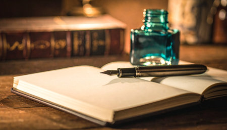 In a quiet, lamplit study, a classic fountain pen rests on a blank journal, ready to capture a new story.の素材