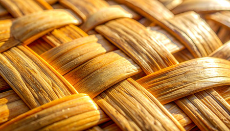 A detailed macro photograph capturing the intricate, interlocking weave of a traditional handmade basket.の素材