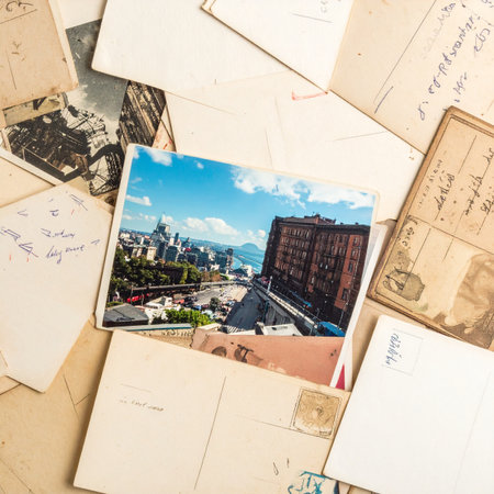 A colorful postcard from a memorable trip rests atop a scattered collection of faded, handwritten letters from the past.の素材
