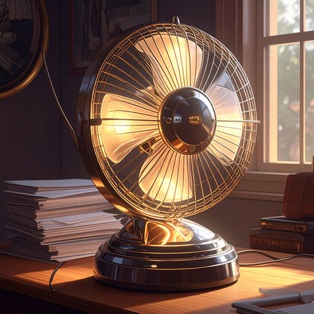 A classic vintage fan, doubling as a lamp, casts a warm, inviting glow across a wooden desk.の素材