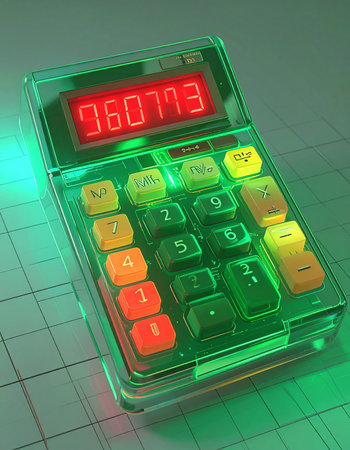 A vintage calculator with a transparent case and a classic red LED display glows under an intense green light.の素材