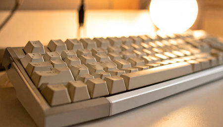 A classic mechanical keyboard rests on a desk, bathed in the warm, soft glow of a lamp.の素材