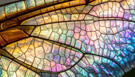 A detailed macro view reveals the intricate, cellular structure of a wing, illuminated with a spectrum of iridescent colors like a magnificent stained glass window.の素材
