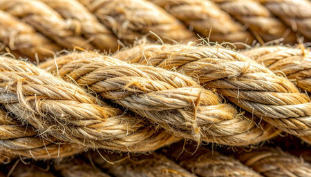 A detailed macro photograph captures the intricate weave of a heavy-duty rope. Each strand is tightly bound with the others, creating a powerful symbol of strength, unity, and enduring connection.の素材