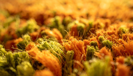 A macro view captures the intricate world within a plush carpet. Warm, golden light illuminates the soft orange and green fibers, creating a cozy and inviting texture.の素材