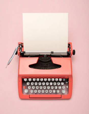 A vibrant pink vintage typewriter sits against a matching pastel background, its blank page waiting for the first words of a new story.の素材