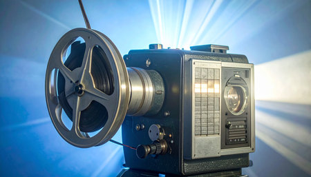 An old-fashioned film projector whirs to life, its bright lens casting powerful beams of light through the darkness.の素材