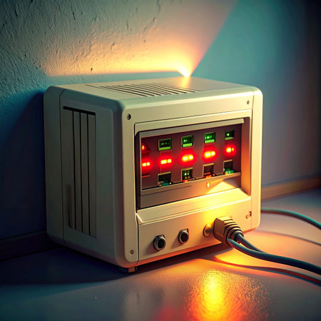 An old server hums to life in a dimly lit room, its red indicator lights glowing with renewed purpose.の素材