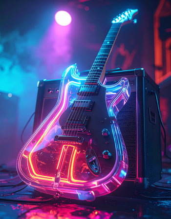 An electric guitar, illuminated with vibrant pink and red neon, rests against an amplifier on a dark, hazy stage.の素材