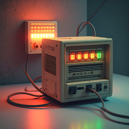 In a quiet, forgotten lab, an old computer hums back to life. Its blinking lights pulse with mysterious data, a relic of a bygone technological era, holding secrets of the past.の素材