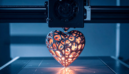 In a futuristic lab, a state-of-the-art 3D printer meticulously constructs a complex, glowing heart.の素材
