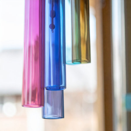 Sunlight streams through a window, illuminating a set of colorful glass wind chimes. The translucent pink, blue, and green tubes catch the light, creating a serene and peaceful atmosphere.の素材