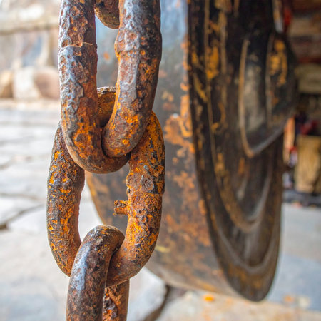A close-up shot captures the rough, textured surface of a heavy industrial chain.の素材