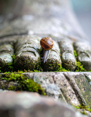 In a quiet, forgotten corner of a zen garden, a tiny snail embarks on a slow and mindful pilgrimage across the weathered stone foot of an ancient Buddha statue.の素材