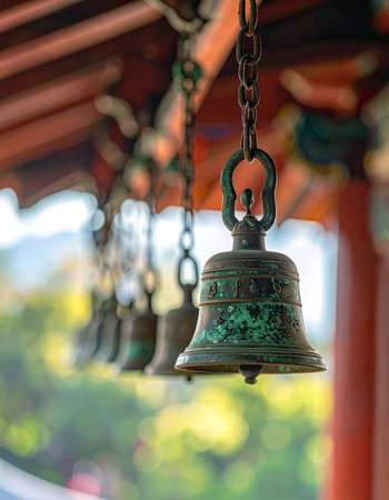 A line of ancient bronze bells hangs silently from the eaves of a tranquil Buddhist temple.の素材
