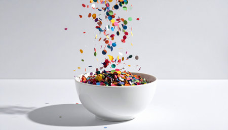 Like a breakfast of pure happiness, colorful confetti pours into a simple white bowl against a stark background.の素材