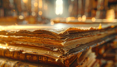 Golden sunlight streams into a quiet, forgotten library, illuminating a stack of ancient manuscripts. Each weathered page holds secrets and stories from a bygone era, waiting to be rediscovered.の素材