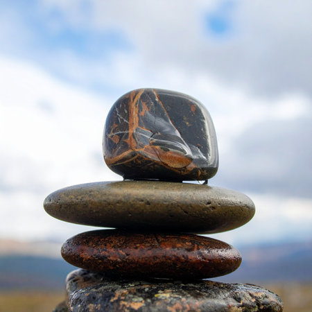 A carefully balanced stack of smooth stones stands against a soft, cloudy sky.の素材