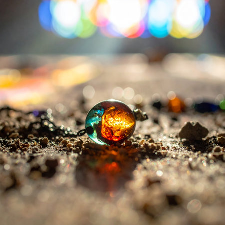 A tiny, magical glass orb, filled with fiery colors, rests on the gritty ground.の素材