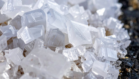 A detailed macro photograph captures the geometric beauty of coarse sea salt crystals.の素材