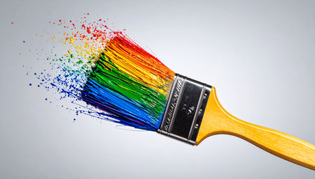 A paintbrush loaded with a vibrant rainbow of colors bursts into a dynamic explosion of particles against a clean background.の素材